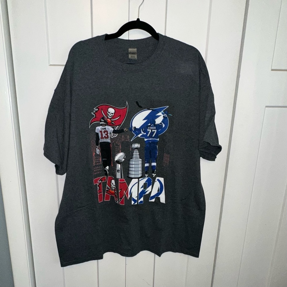 Gildan Men's Dark Gray Tampa (champa) Bay Lightning and Bucs Graphic T-Shirt